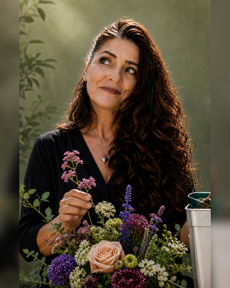 Portrait of Dee Wesley with flowers against a soft green background