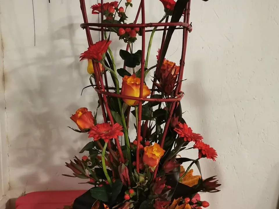Architectural red and orange reception arrangement