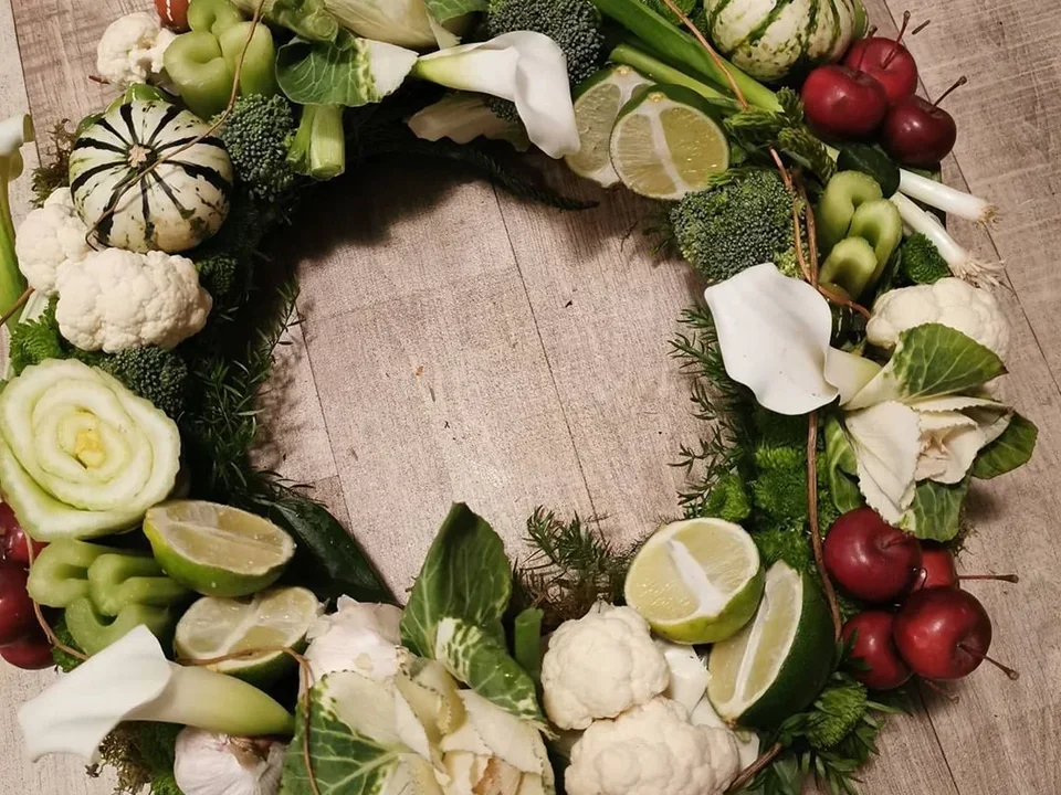 Fruit vegetable and flower wreath