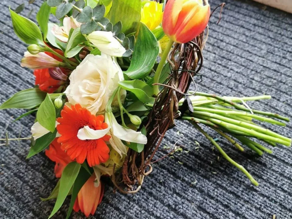 Colourful hand-tied spring bouquet