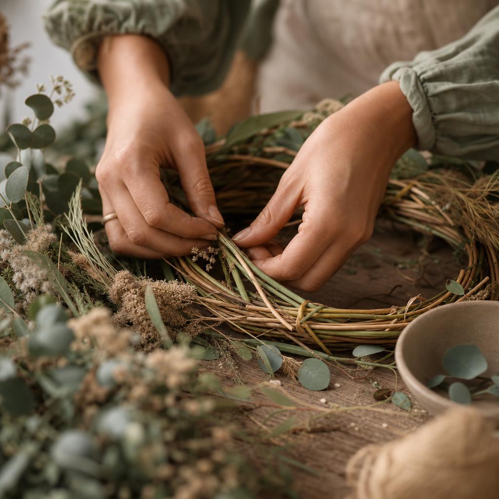 Hands working with natural stems